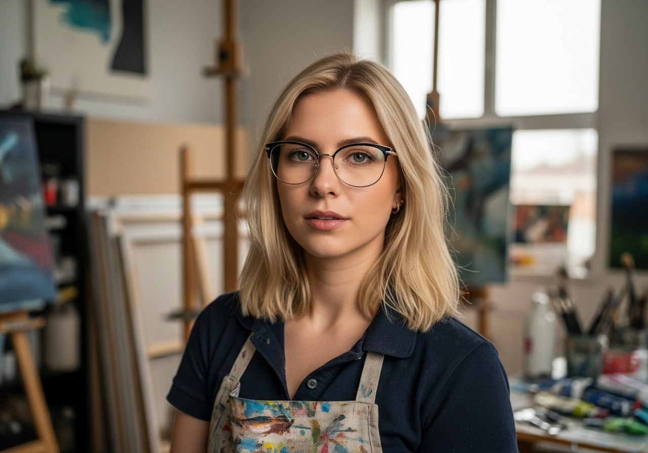 Elizabeth Thatchers in her studio - young blonde woman with glasses